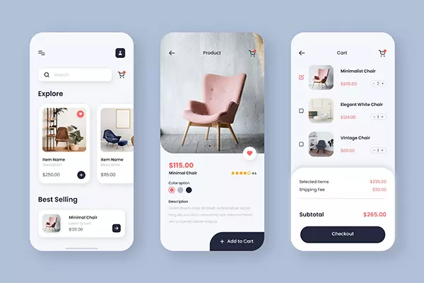 3 visuelle Beispiele eines fertigen Möbel Shops auf einem Smartphone